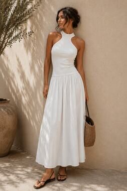 Zara Maxi Halter Dress Sleeveless Ecru SZXL Open Back Pleated Cotton Blend